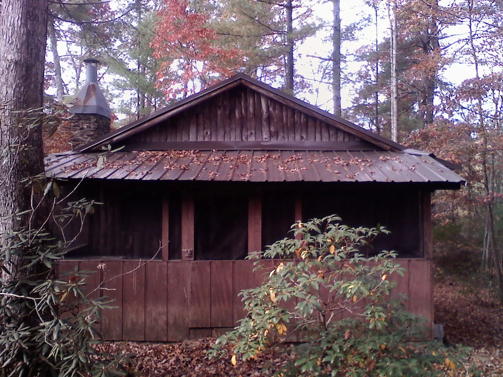 Metal roof over the screened porch of a rustic cabin in Murfreesboro